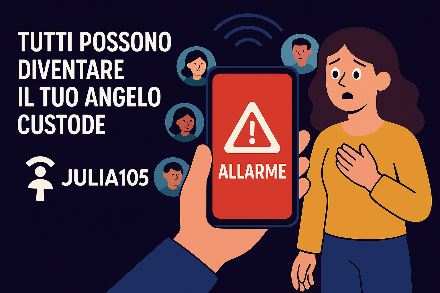 Illustrazione della rete di Social Safety con un angelo stilizzato